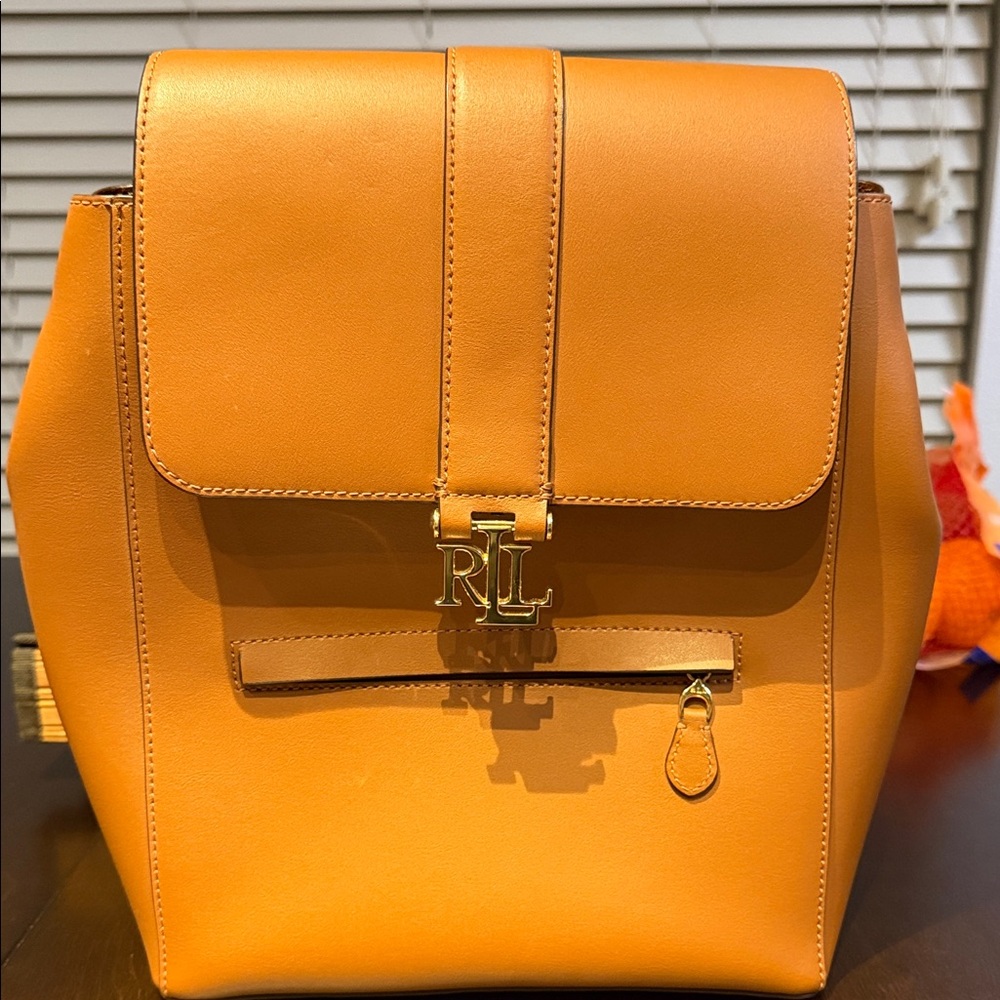 Ralph Lauren Citrus Orange Leather RL Logo Backpack